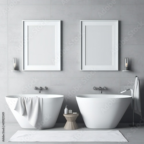 Blank white photo art frame mock up design showcase in modern bathroom Generative AI 
