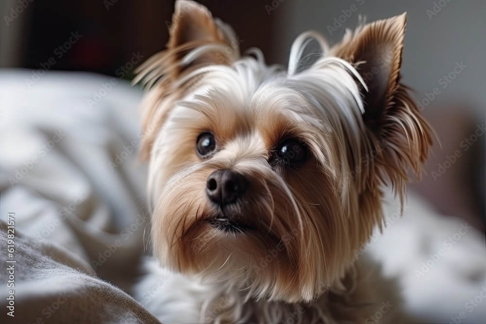 Adorable Dog Relaxing on Bed in Cozy Bedroom with Copy Space. Pet and Home Interior Concept