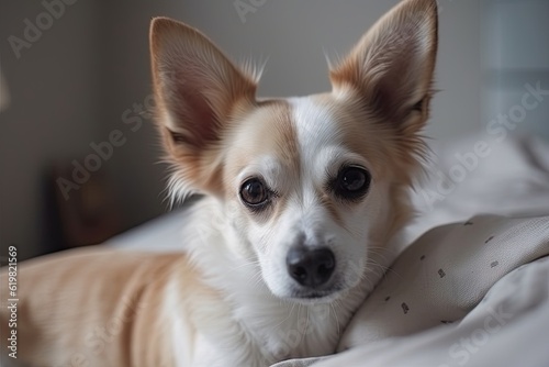 Adorable Dog Relaxing on Bed in Cozy Bedroom with Copy Space. Pet and Home Interior Concept © Thares2020