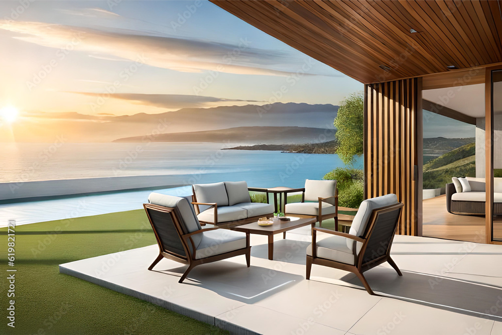 Fototapeta premium Interior design of a coastal outdoor patio with comfortable lounge chairs, beach umbrellas, and a beachfront view for a relaxing and stylish beach oasis | Generative AI