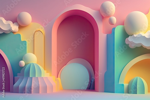 Stand podium wall scene pastel color background  geometric shape for product display presentation. 