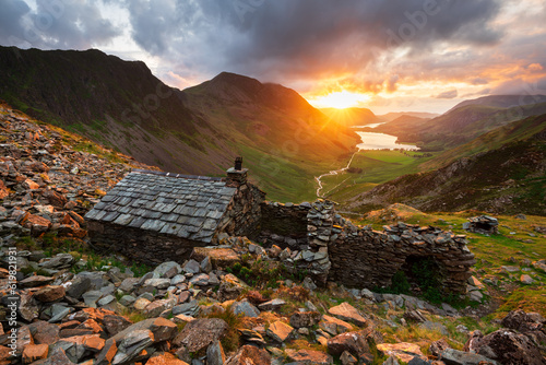 Beautiful Lake District sunset seen from Warnscale Bothy overlooking Buttermere and Crummock Water. photo