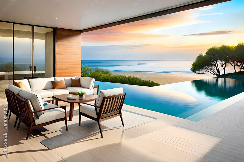 Interior design of a coastal outdoor patio with comfortable lounge chairs, beach umbrellas, and a beachfront view for a relaxing and stylish beach oasis | Generative AI Interior design of a coastal outdoor patio with comfortable lounge chairs, beach umbrellas, and a beachfront view for a relaxing and stylish beach oasis | Generative AI