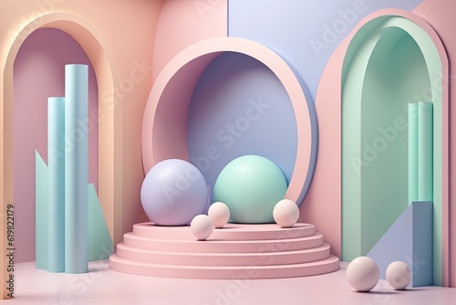 Stand podium wall scene pastel color background, geometric shape for product display presentation. © PimPhoto