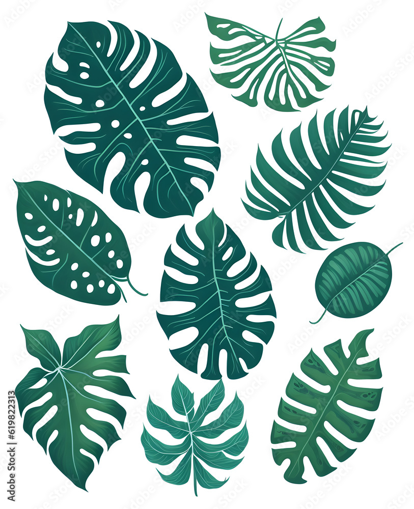 Fototapeta premium Set Leaf Monstera Green 2D ,transparent background Image provided by , AI Generated. , illustration