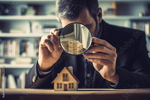 Checking and searching home with magnifying glass. Choice of house to buy and invest in. Concept of real estate inspection, appraisal, property, land valuation, house search. Generative AI photo