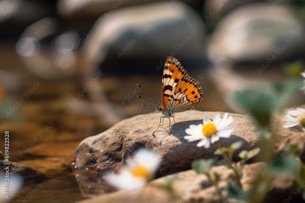 Obraz premium A butterfly sitting on top of a rock next to flowers , Generative AI