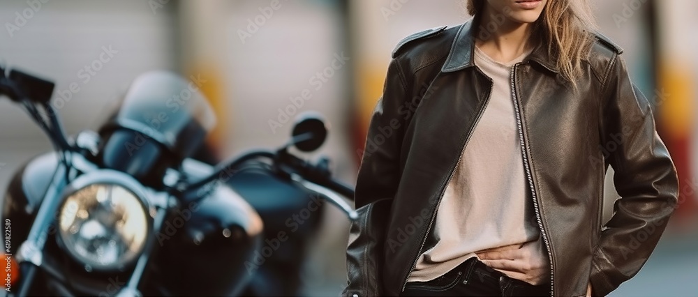 Confident female biker on motorcycle parked on roadside in city. Generative AI