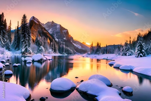 winter sunset in the mountains