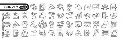 Survey icon set. Containing feedback, opinion, questionnaire, research, data collection, review and satisfaction icons.