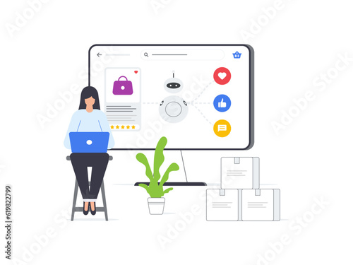 Flat vector illustration set of AI powered woman creating ads for an ecommerce platform. Empowering efficient and intelligent advertising in e commerce.