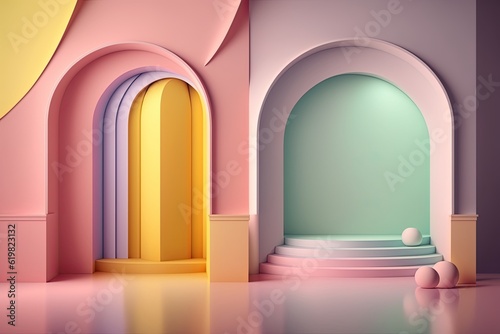 Stand podium wall scene pastel color background, geometric shape for product display presentation. Minimal scene for mockup products, stage showcase, promotion display.