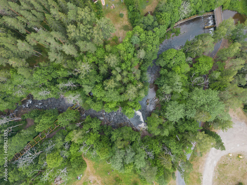 Nõmmeveski waterfall on the Valge river, summer, drone view.