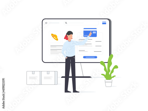 Flat vector illustrations of a man using a computer to select payment methods on various e commerce platforms. Modern and user friendly interface.