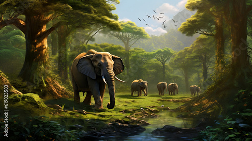 A big elephant walks along the river and the jungle new quality universal colorful technology stock image illustration design, generative ai photo