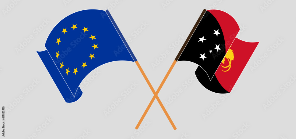 Crossed and waving flags of the European Union and Papua New Guinea Crossed and waving flags of the European Union and Papua New Guinea