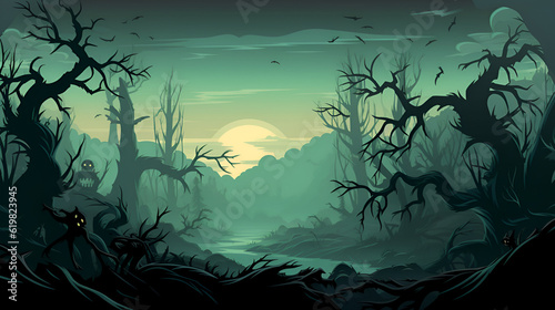 Realistic halloween background with creepy landscape of night sky fantasy forest in moonlight. AI illustration.