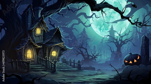 Wooden Haunted house in the night forest. Spooky Old witch house in spooky dark forest. Witch's house. Mystical.  Halloween concept. AI illustration.