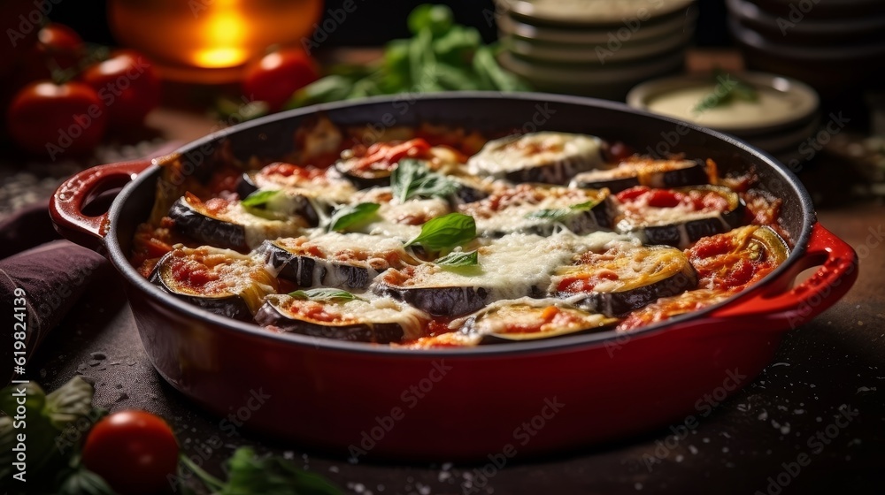 Melanzane alla Parmigiana served in a rustic white casserole dish with dimmed background