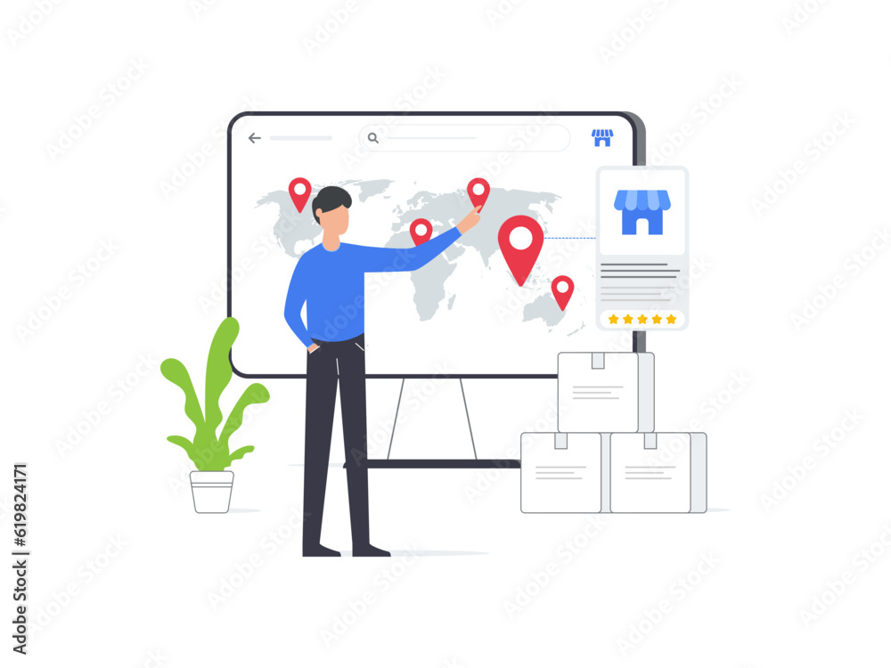 Flat vector illustration of man selects franchising location on ecommerce platform. Represents decision making process in franchise business.