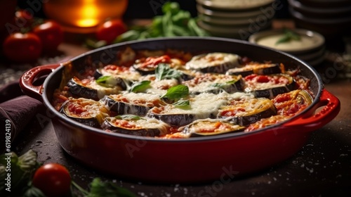 Melanzane alla Parmigiana served in a rustic white casserole dish with dimmed background © bartjan