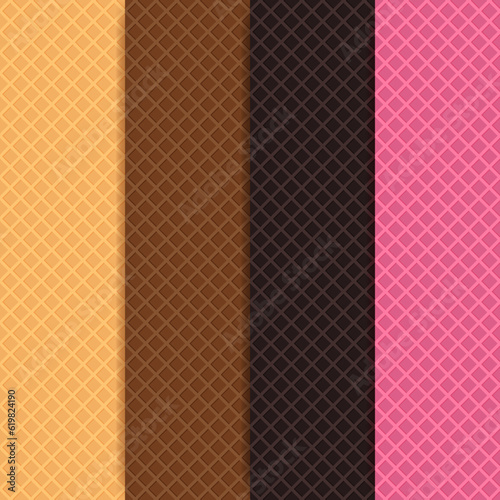 Set of waffle background with different flavors. Sweet seamless pattern design. Vector illustration