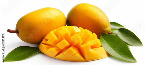 Fruits mangos harvest background - Set of ripe mango and mango slices, isolated on white background (Generative Ai)