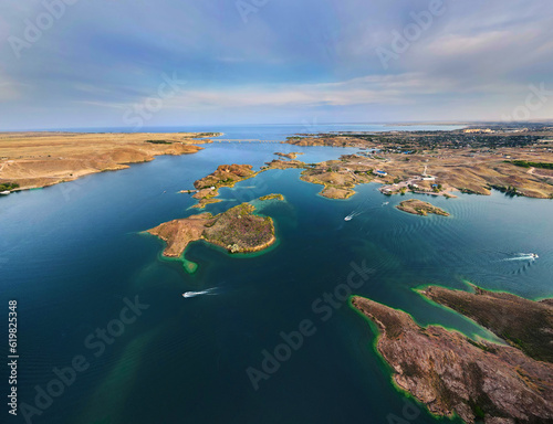 Aerial view Landscape of island in lake Kapchagay in Kazakhstan