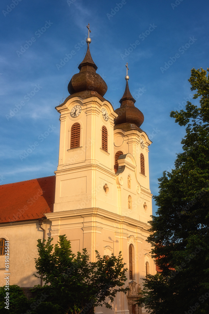 Tihany Abbey, scenic view of the Benedictine monastery, famous architectural landmark over the Balaton lake, outdoor travel and religious background, Veszprem region, Hungary