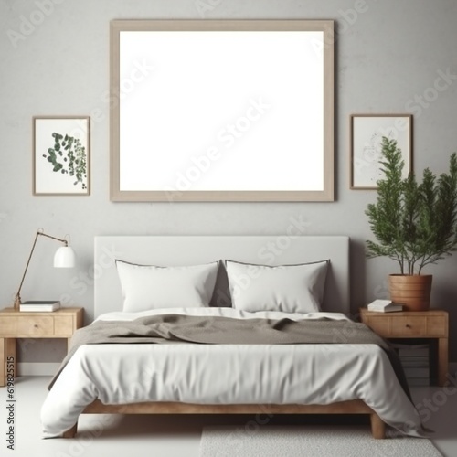 Blank white photo art frame mock up design showcase in modern bedroom Generative AI  © LayerAce.com