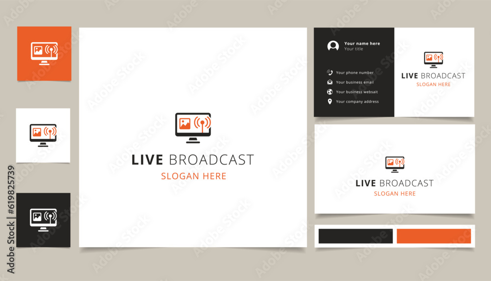Live broadcast logo design with editable slogan. Branding book and business card template.