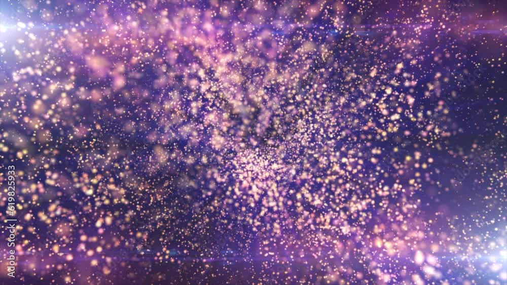 Purple looped background of many blurred circles with bokeh effect of energy magical glowing particles and light lines abstract background