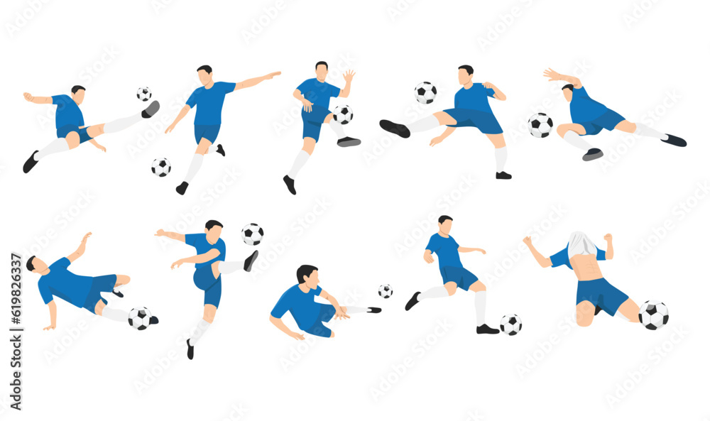 Man soccer player or football player doing different variation. Flat vector illustration isolated on white background