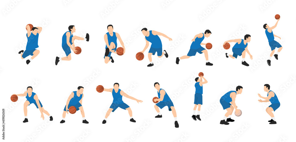 Basketball player. silhouette of different basketball players in different playing positions. Flat vector illustration isolated on white background
