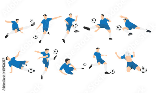 Man soccer player or football player doing different variation. Flat vector illustration isolated on white background
