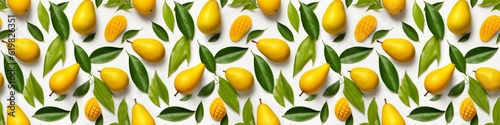Food summer mangos fruits banner panorama wide, long, seamless pattern texture - Top view of many fresh ripe mango, slices and tropical leaves, isolated on white background texture (Generative Ai)