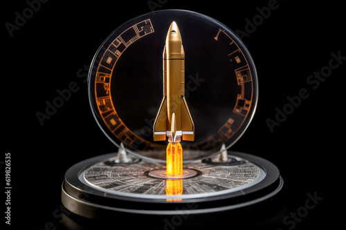 Futuristic Launch: A Model Rocket Display Illuminated Against a Dark Background with Glowing Details