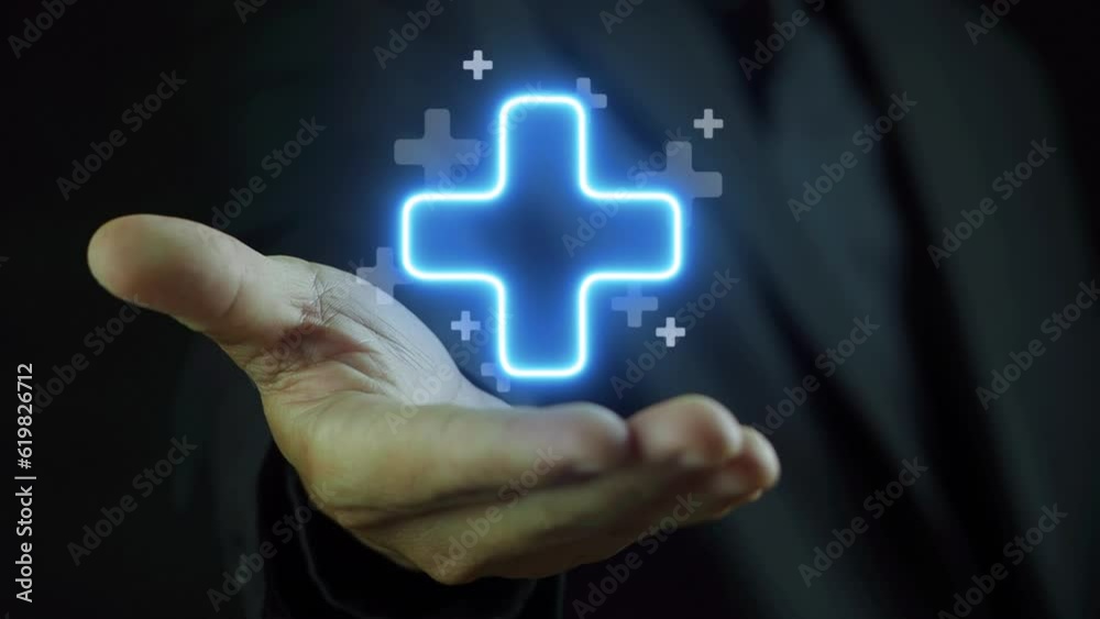 Businessman hand holding plus icons for positive thinking such as self-care, imaginative, optimism, be loved, healthy lifestyle, happiness, positive mindset or healthcare insurance symbol concept.