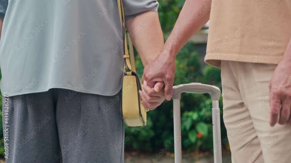 Medium close up of couple holding their hands together while waiting for taxi staying with suitcase Medium close up of couple holding their hands together while waiting for taxi staying with suitcase