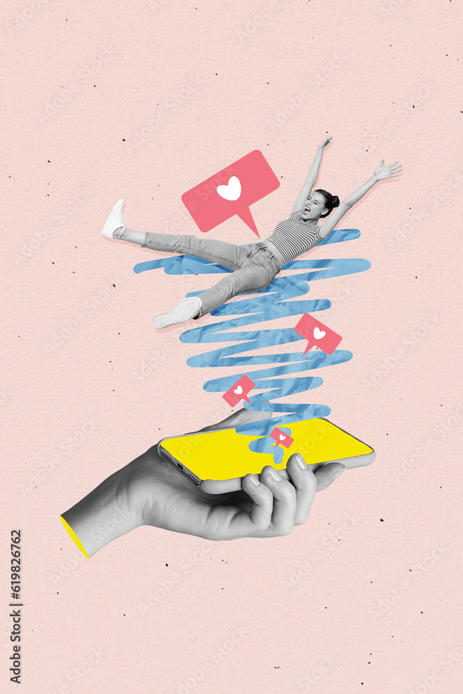 Photo collage artwork of smiling funky lady falling down social media ...
