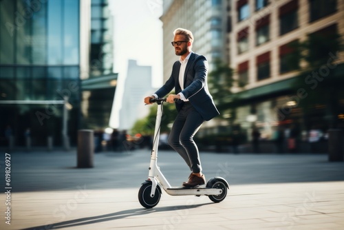 a photo of a businessman driving eco friendly e-scooter in a in the middle of a urban city street. Generative AI