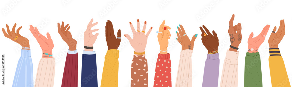 Fototapeta premium Cartoon human hands. Diverse arms with different skin colours, hands raised up flat vector illustration set. Hands gestures collection