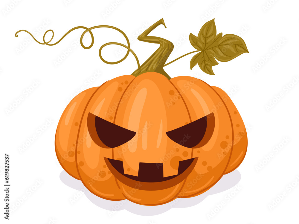 Halloween carved pumpkin. Cartoon spooky face, scary holiday pumpkin decoration, jack-o-lantern. Halloween gourd ghostface flat vector illustration