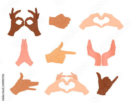 Cartoon hand positions. Human hands gestures, heart sing, index finger and pray gesture flat vector illustration set. Various hand gestures