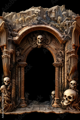 Gothic Gateway: An Intricate Arch Decorated with Skulls and Mystical Carvings
