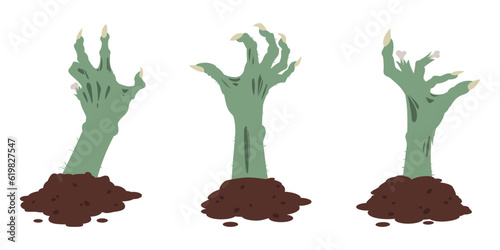 Zombie bony arms. Cartoon spooky monsters scrawny hands, Halloween creepy arms sticking out of ground flat vector illustration set
