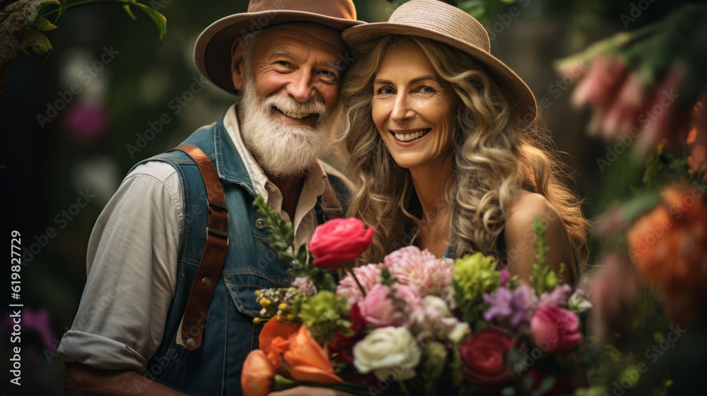 Portrait captures the love and affection shared between a stylish elderly couple. Posed gracefully, they hold a large bouquet of flowers, radiating happiness and timeless romance