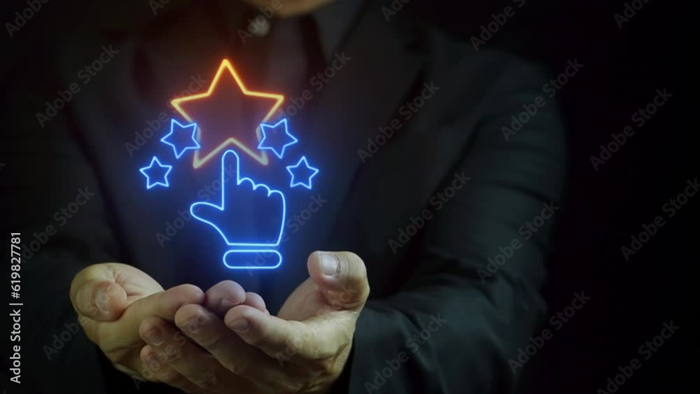 Businessman or customer give rating to service experience on virtual touch screen and thinking about rows of star to review satisfaction feedback survey, Customer service evaluation concept