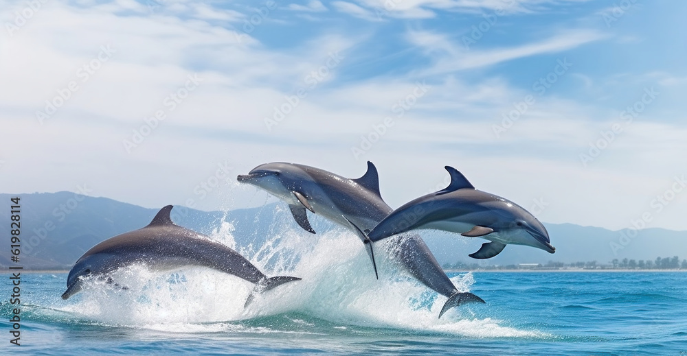 Group of dolphins jumping on the water, Generative AI