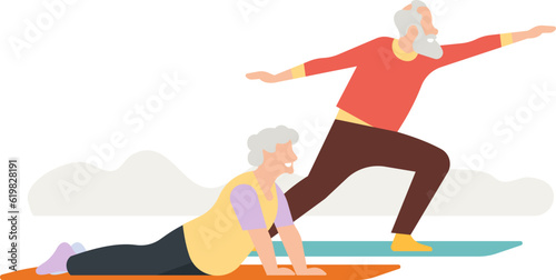 Elderly people exercise. Old man and woman doing yoga